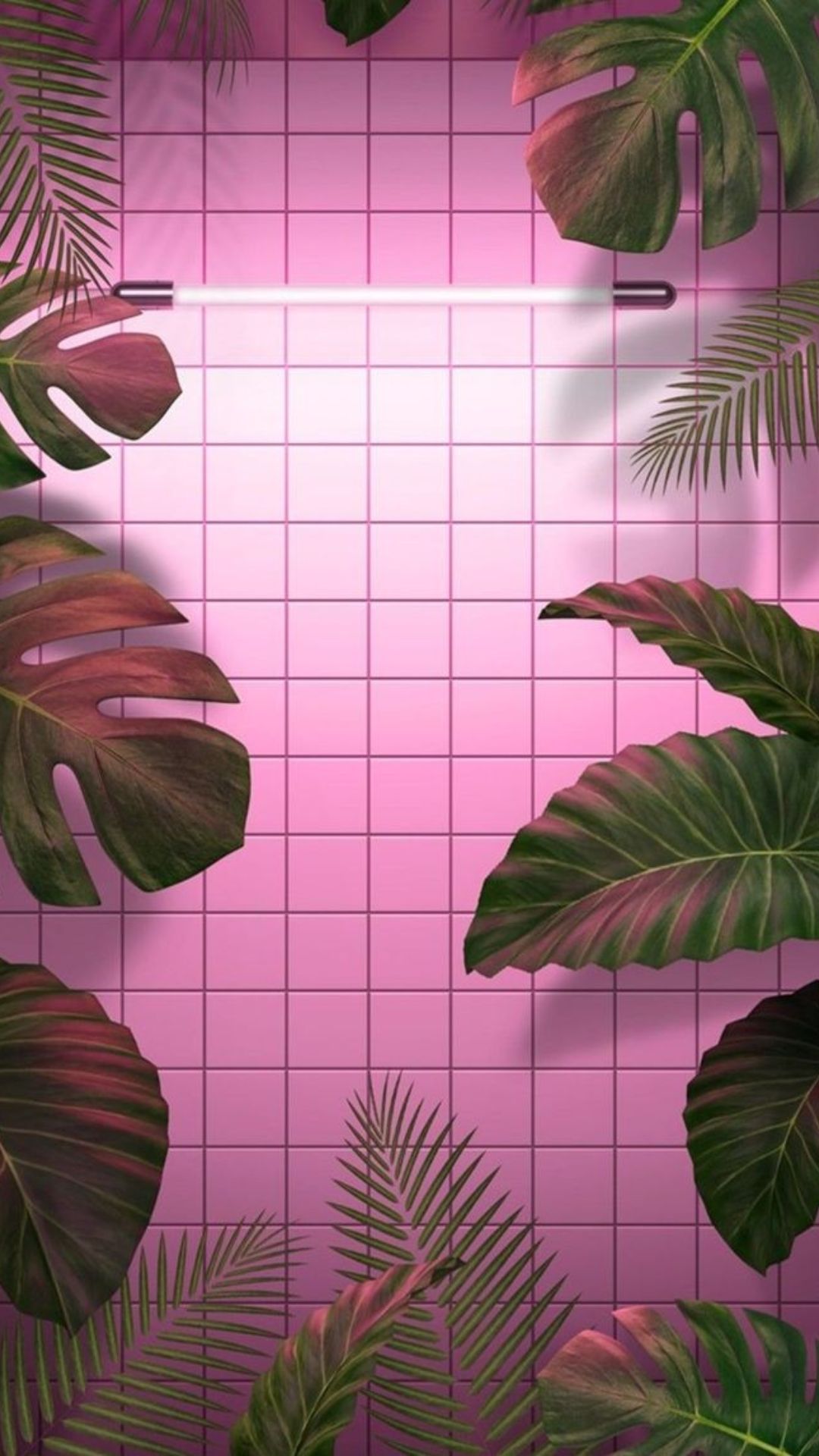 Aesthetic pink wallpaper with tropical leaves - Pink