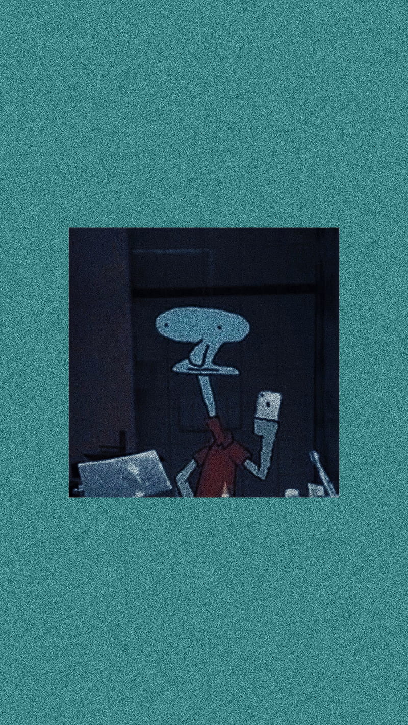 A picture of a cartoonish figure with a red top and white pants, holding a microphone. - Squidward