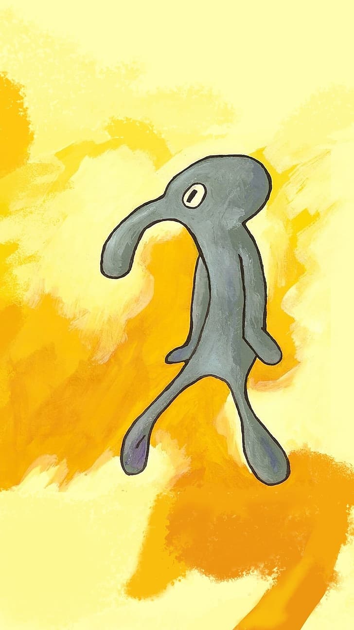 A painting of a one-eyed, one-legged gray creature walking. - Squidward