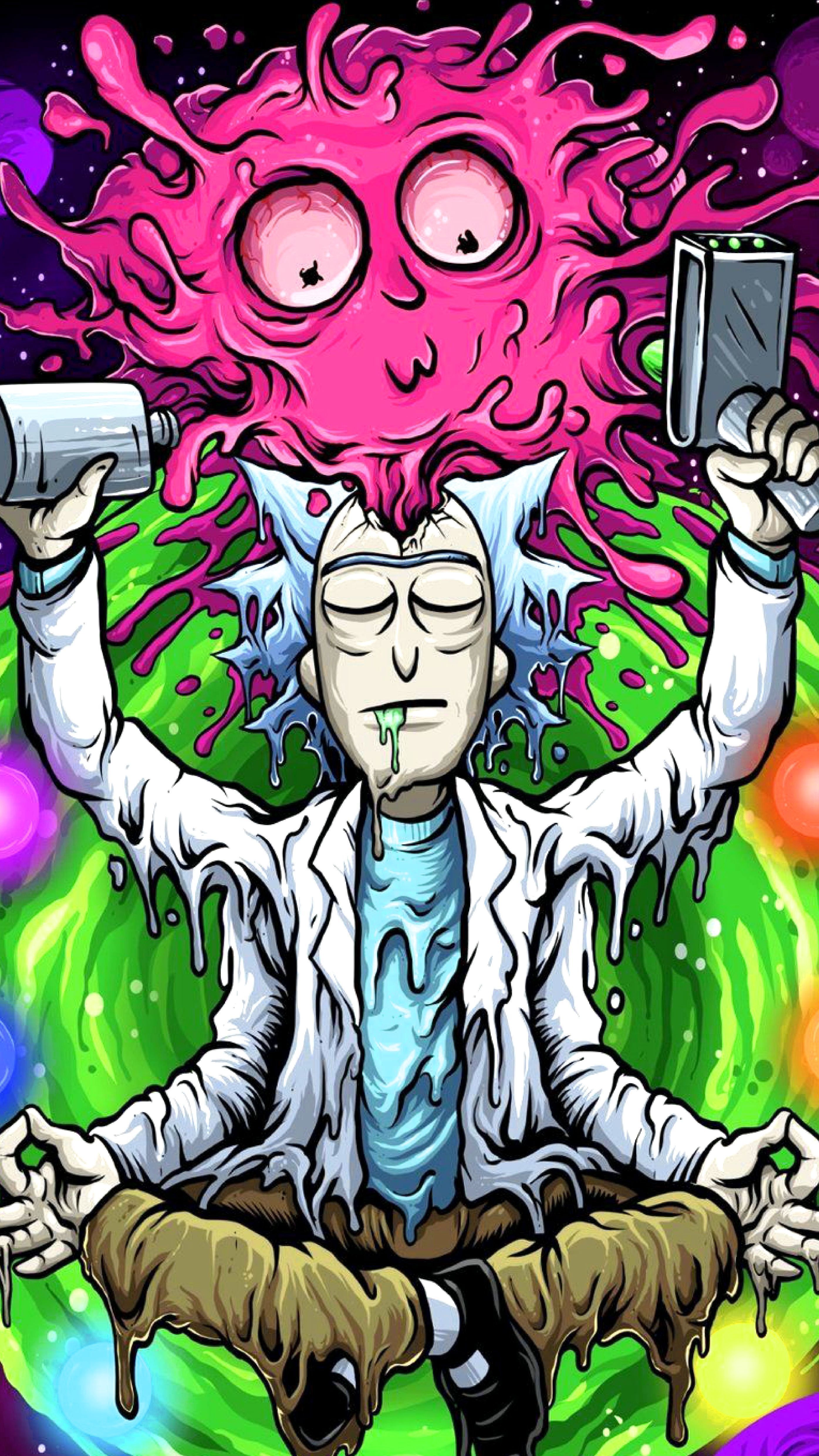 A fan art of Rick and Morty's Rick meditating in a lotus position, holding a portal gun and portal to the portal gun. - Rick and Morty