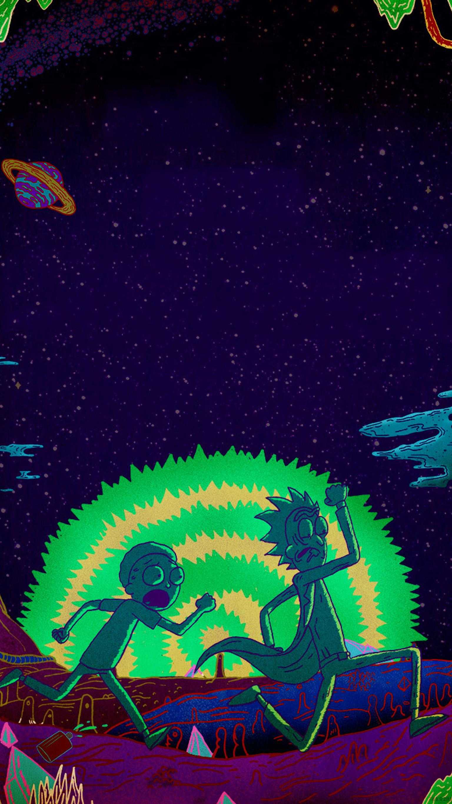 A Rick and Morty wallpaper of them running through a neon spiral portal in space. - Rick and Morty