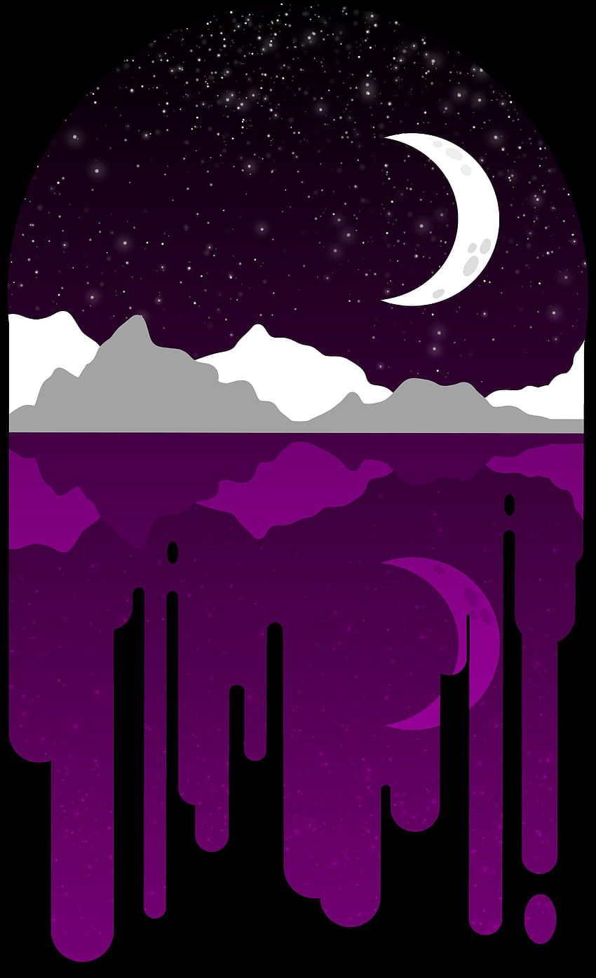 A purple and black illustration of a night sky with a crescent moon - Asexual