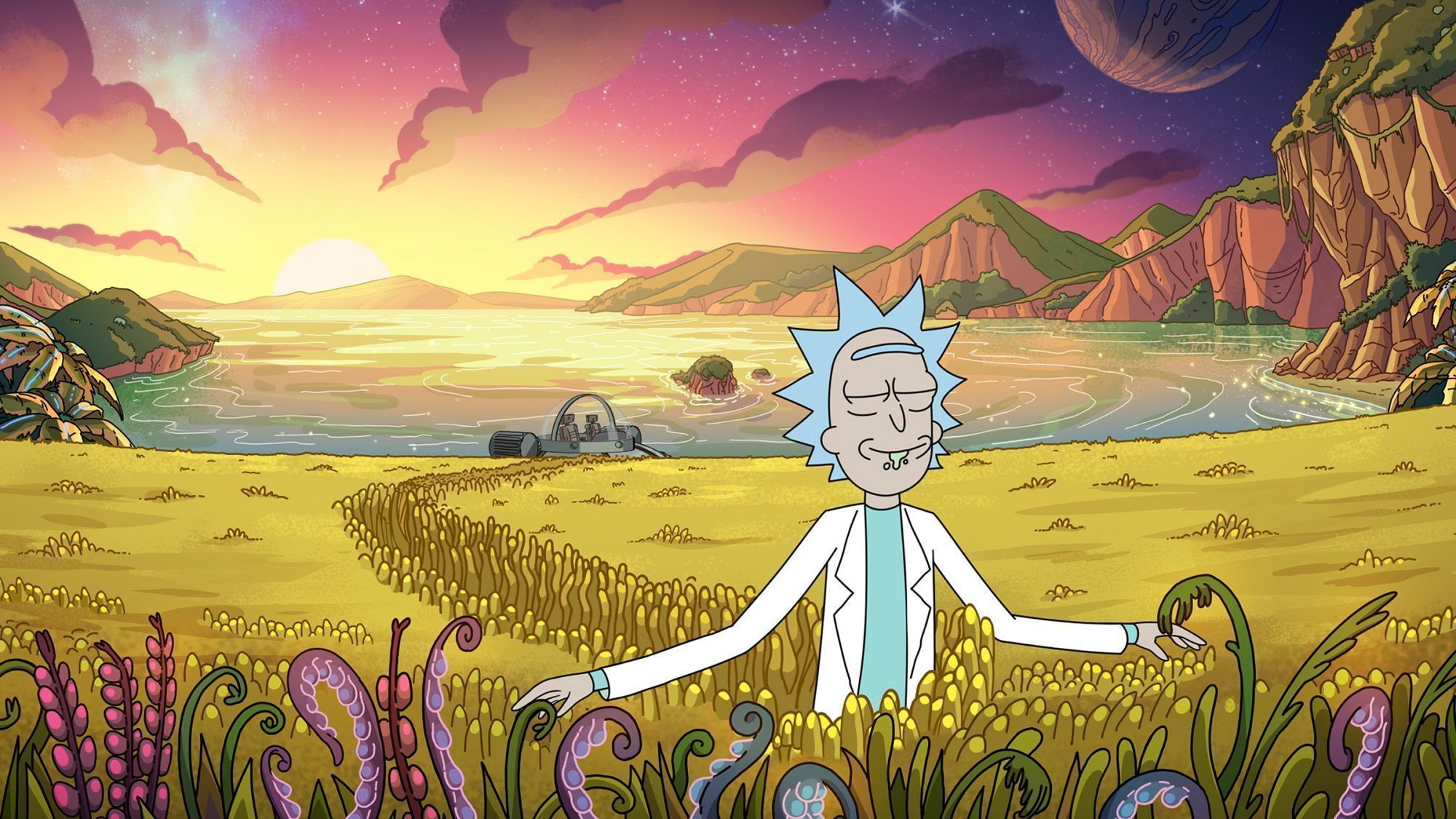 Rick and morty in the field with mountains - Rick and Morty