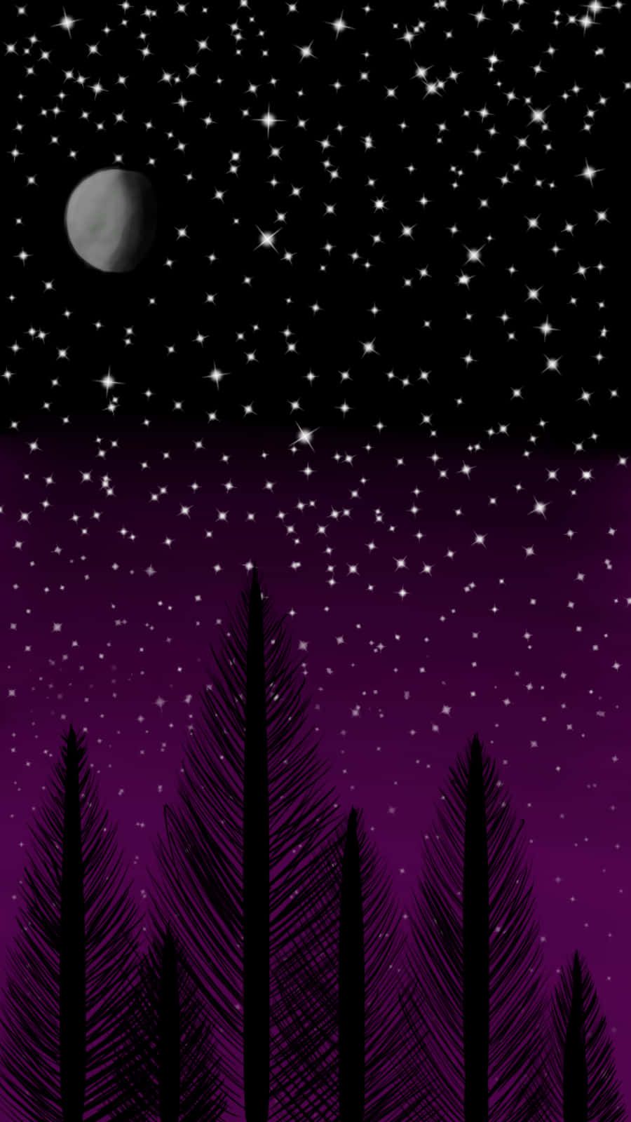 A night sky with stars and the moon above a group of trees. - Asexual