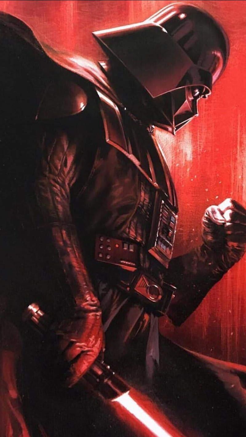 Darth Vader holding a red lightsaber in front of a red background - Darth Vader