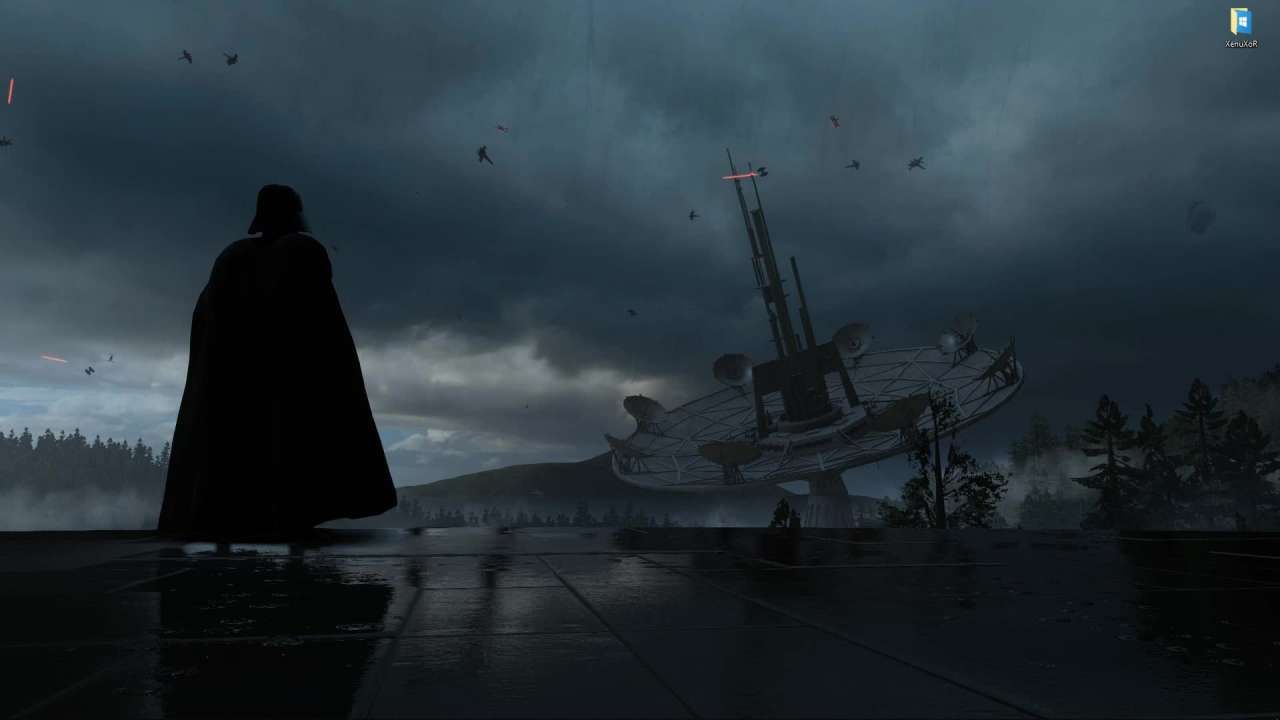 A dark figure in a cloak stands on a dark platform - Darth Vader