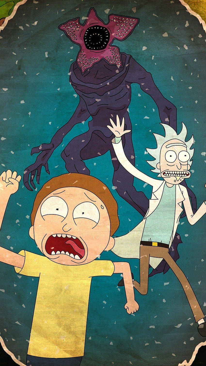 A cartoon of two people running away from an alien - Rick and Morty