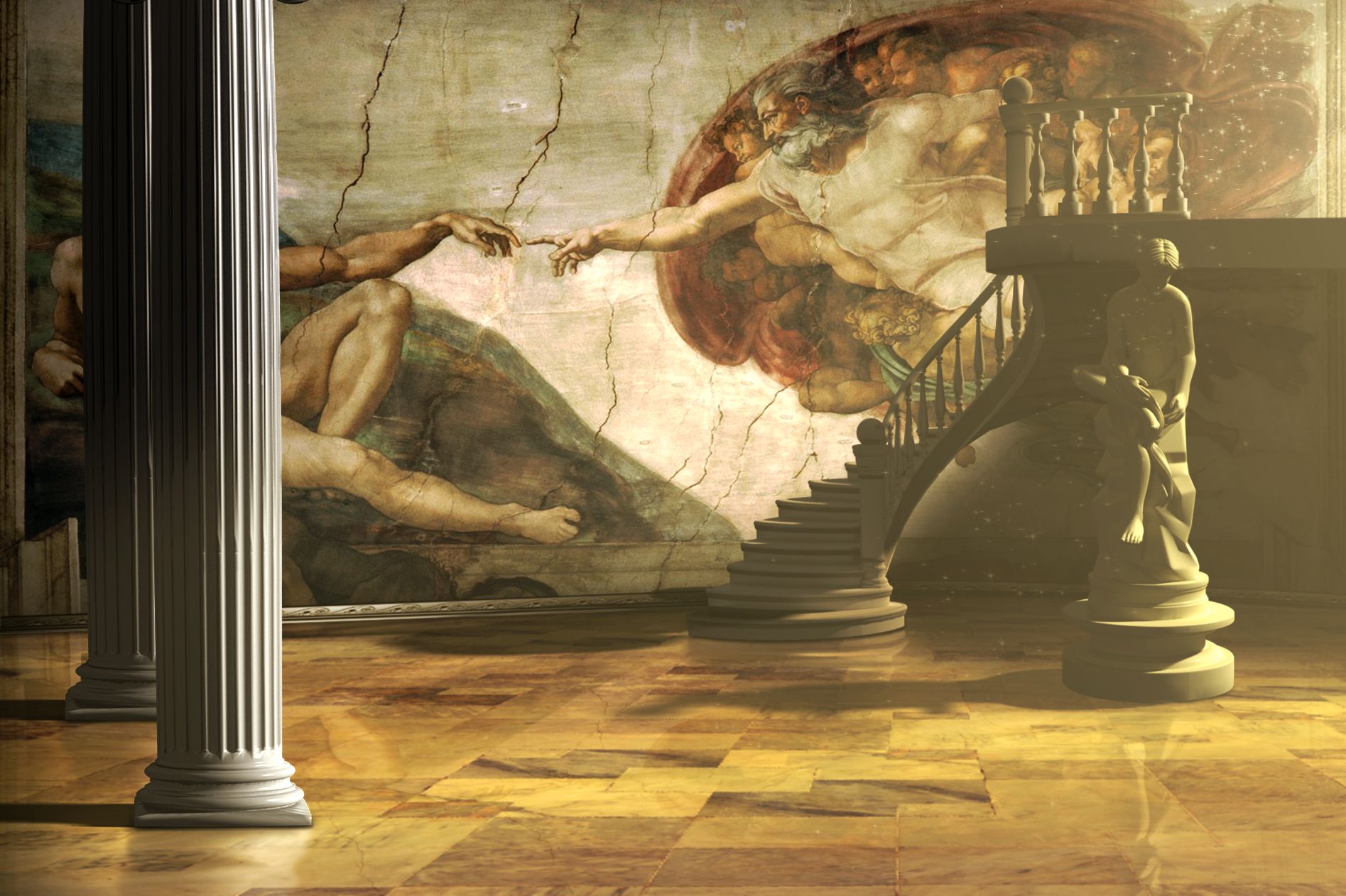 A painting of the creation of Adam on a wall, with a statue of a man holding a lantern in front of it. The background is a staircase and the floor is checkered. - The Creation of Adam