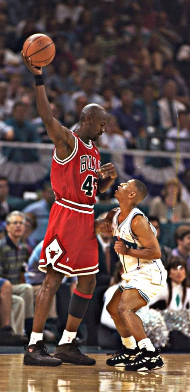 Michael Jordan holds the ball with his right hand and points to the sky with his left hand. - Air Jordan, Michael Jordan
