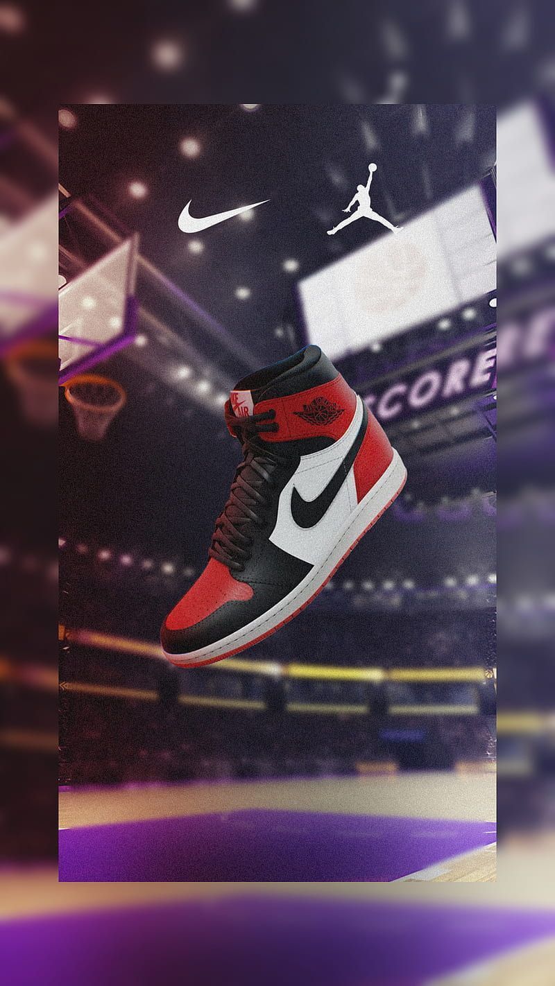 A pair of Jordan 1s are shown in mid-air in front of a basketball court. - Air Jordan, Michael Jordan, Air Jordan 1