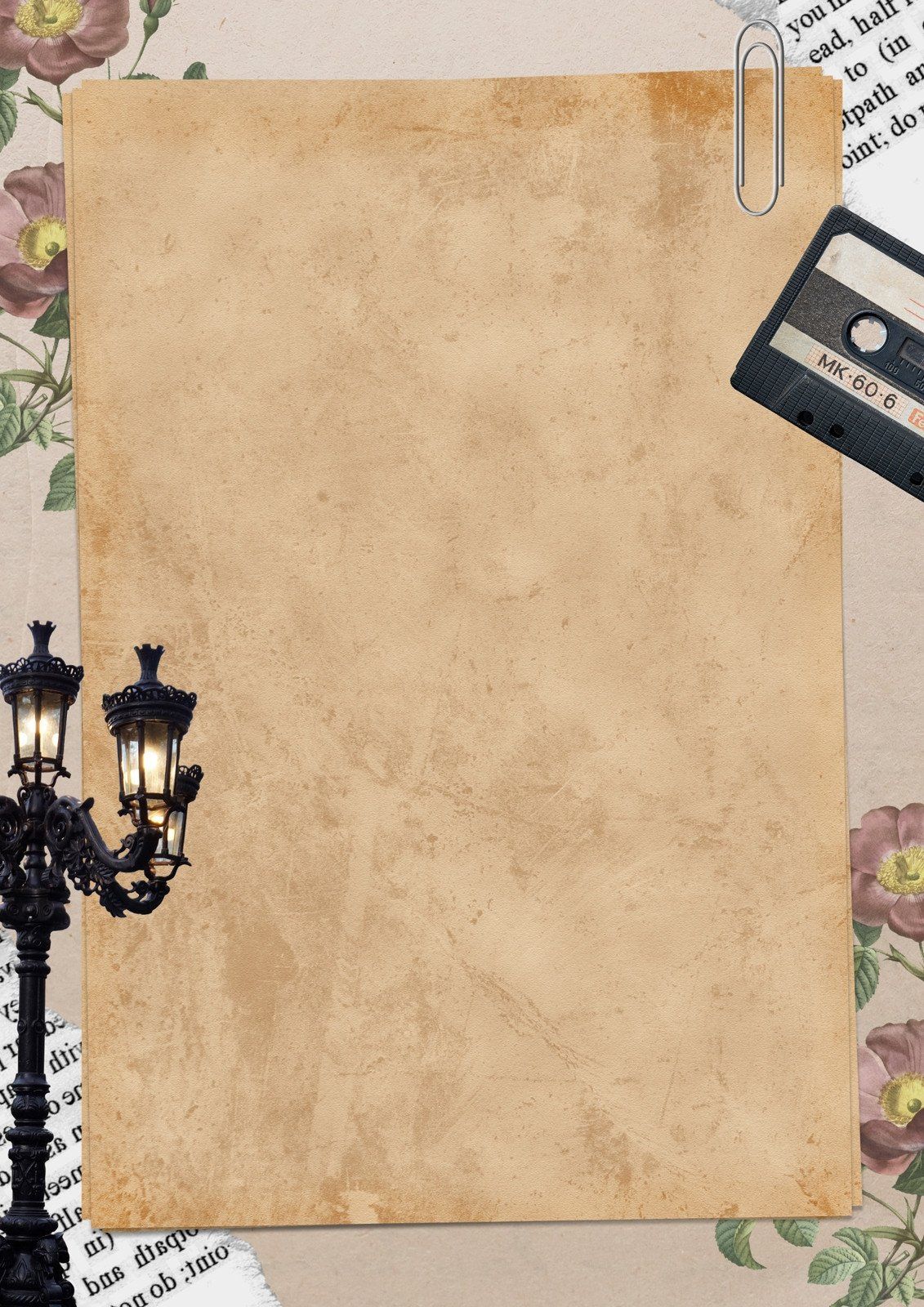 Free printable page border featuring a street lamp, a cassette tape, and a book page background. - Border