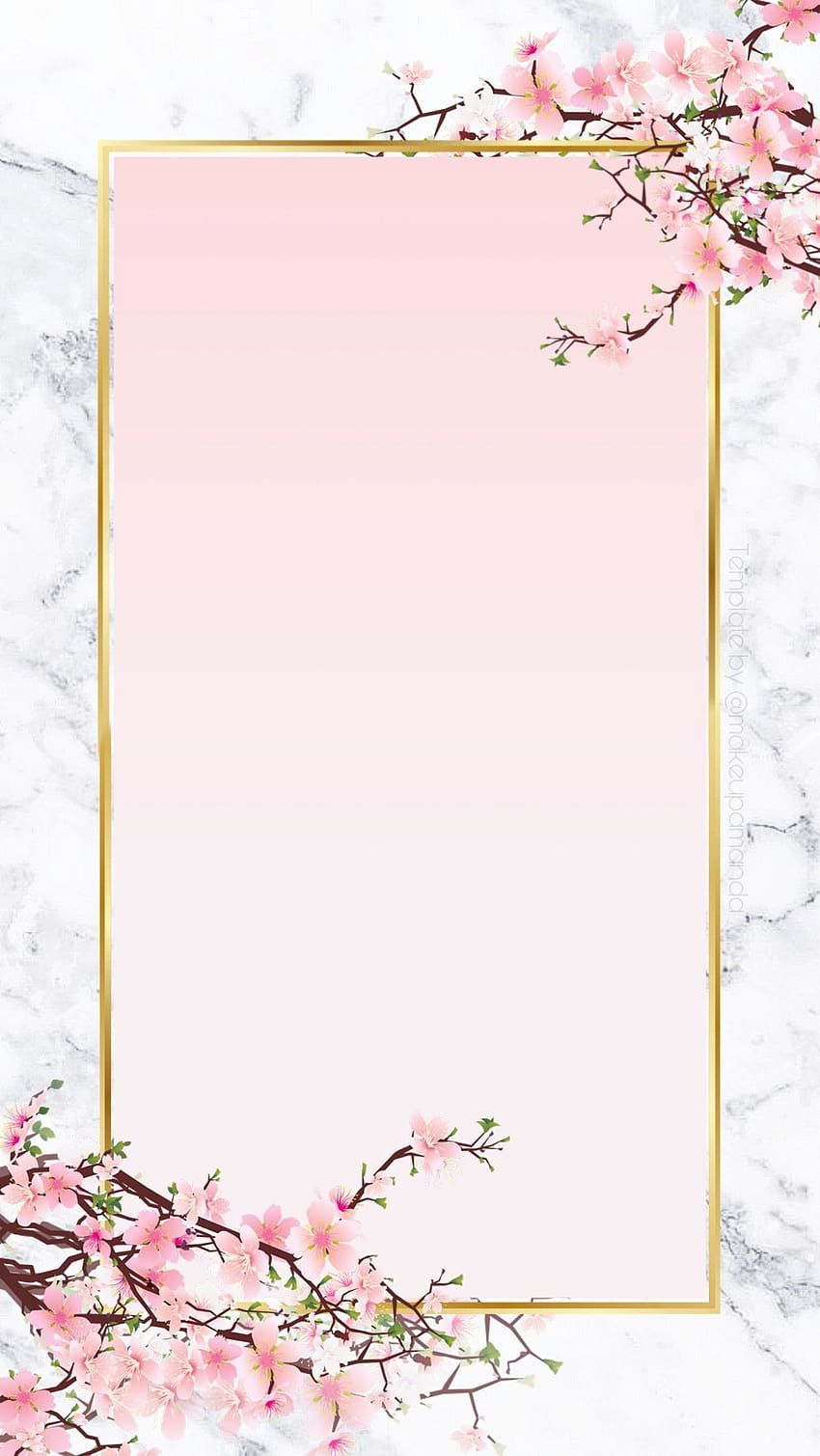 Pink cherry blossom branch with a gold frame on a marble background - Border