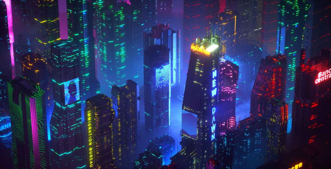 A city with neon lights and buildings - City