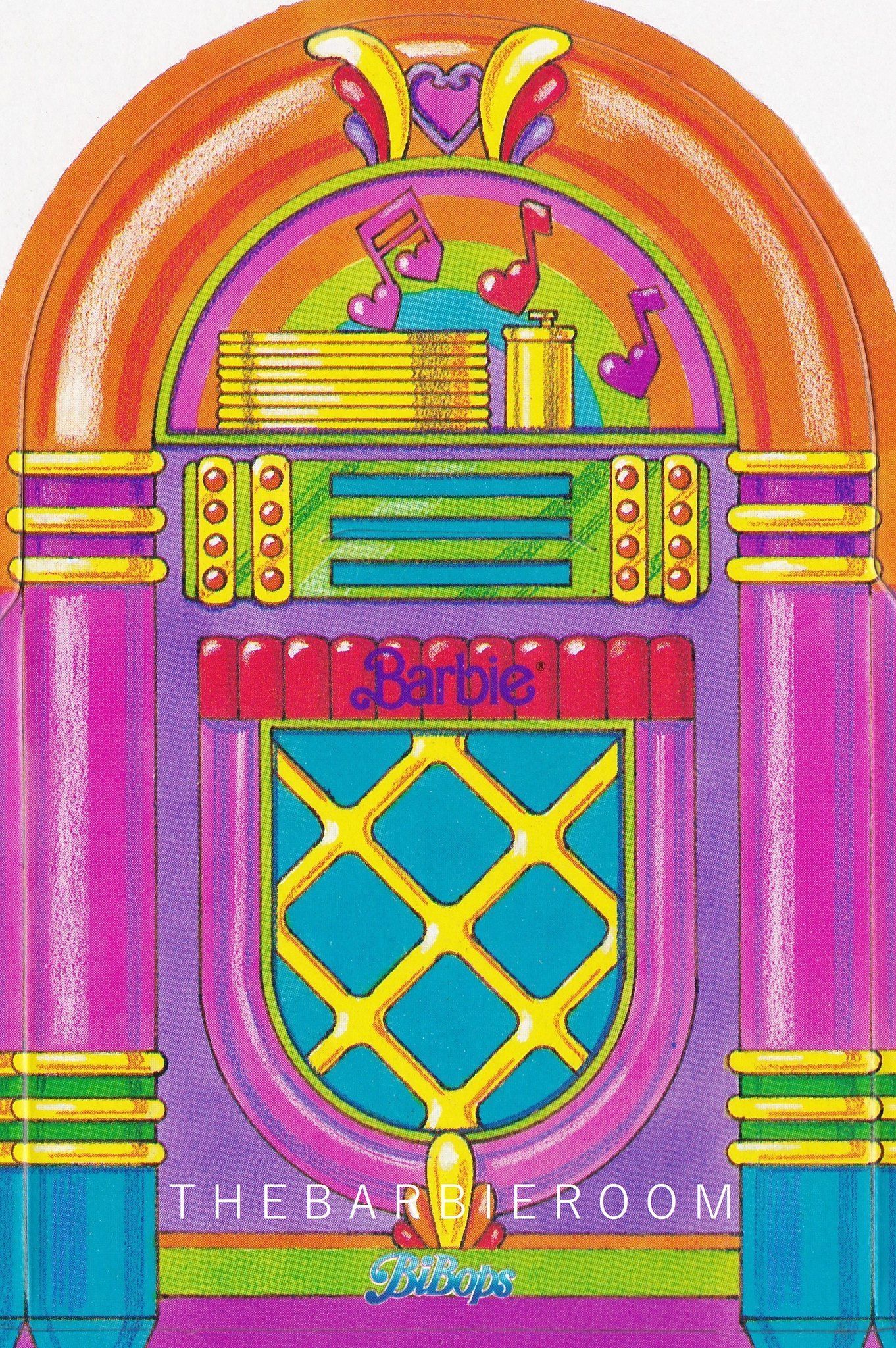 A drawing of a jukebox with a rainbow background - Barbie, vintage