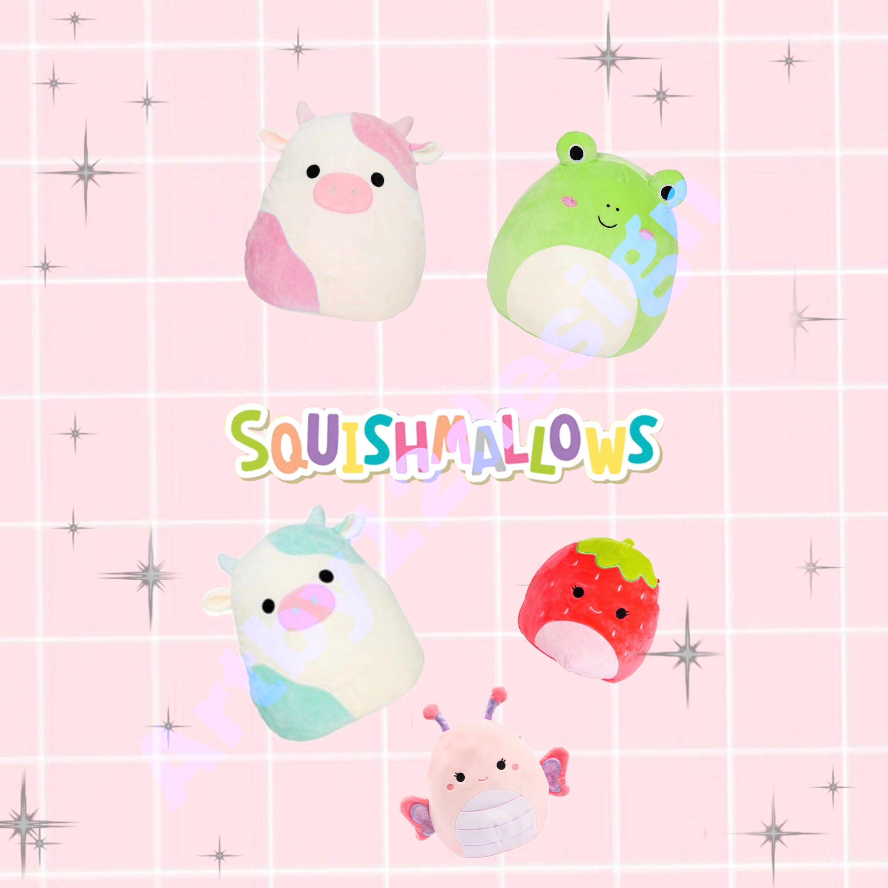 A pink background with white grid lines and stars. In the center, there are five Squishmallows stuffed animals. From top left, there is a cow with a pink and white striped horn, a green frog with a white belly, a pink pig with a white curly tail, a strawberry with a pink bow, and a bee with a pink body and white wings. - Preppy