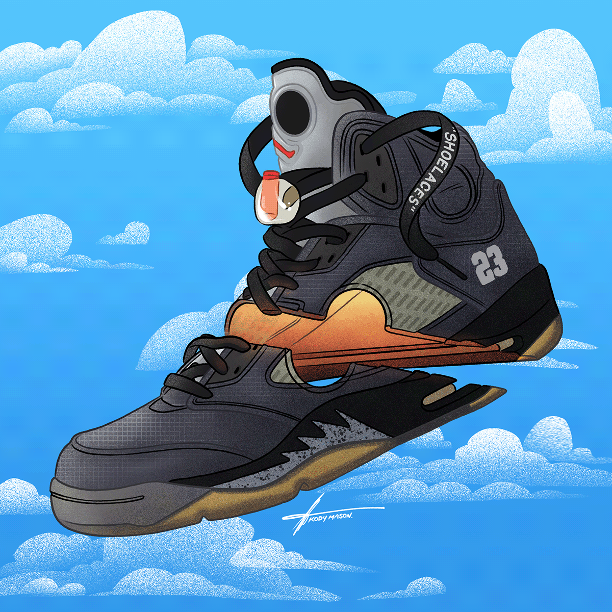 An illustration of a pair of sneakers floating in the sky - Air Jordan 5