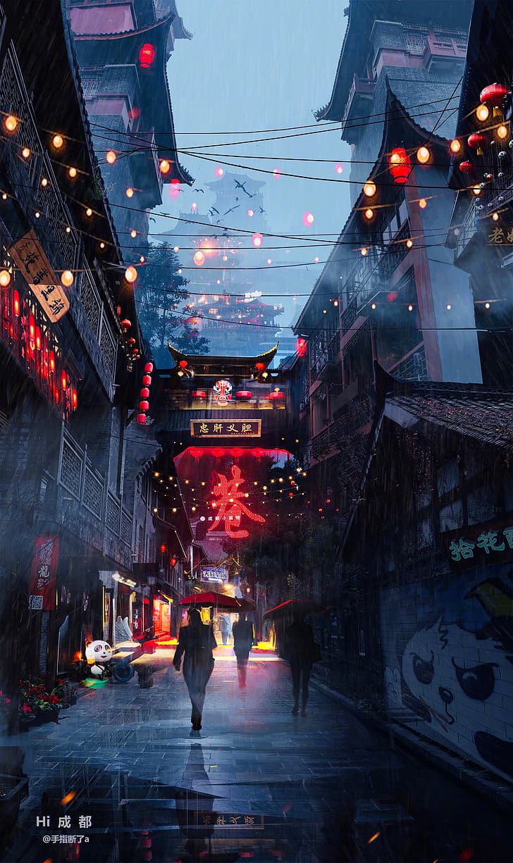 HD wallpaper: cyberpunk, Chinese architecture, panda, lantern, chengdu, city