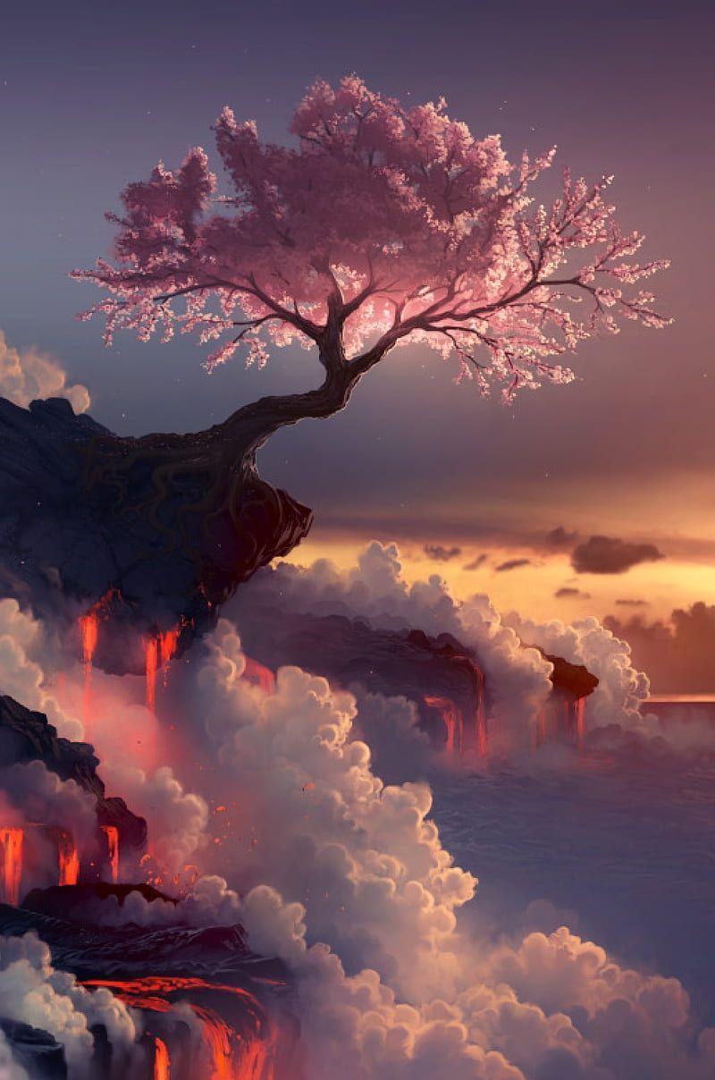 A pink tree on a cliff with a river of lava. - Chinese