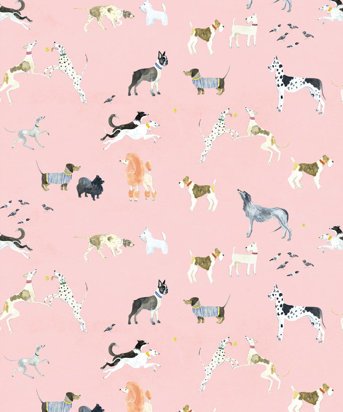 A pattern of various dog breeds on a pink background - Dog