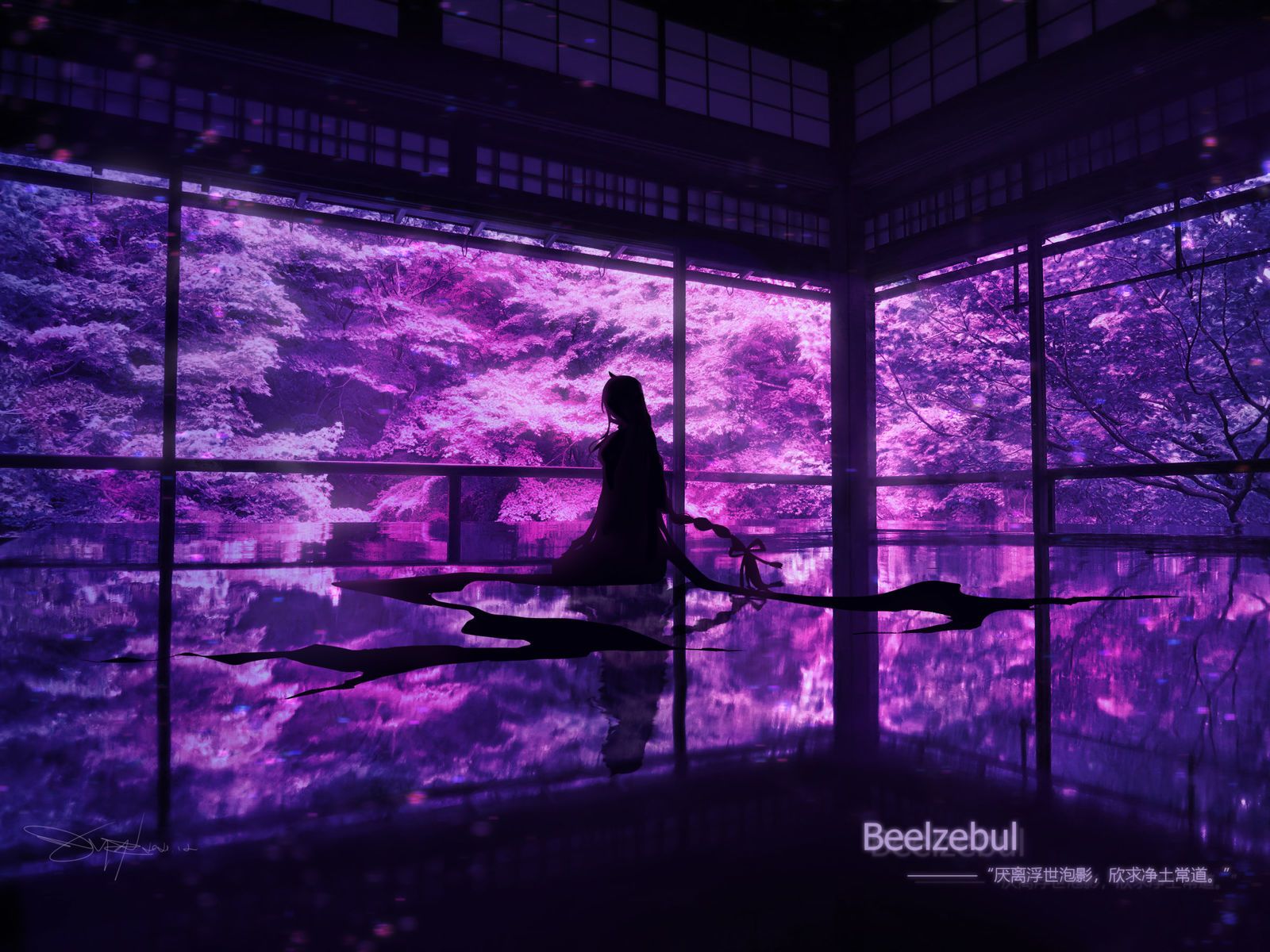 A girl in a black dress sits on a chair in a room with large windows, looking out at a purple and pink landscape. - Chinese