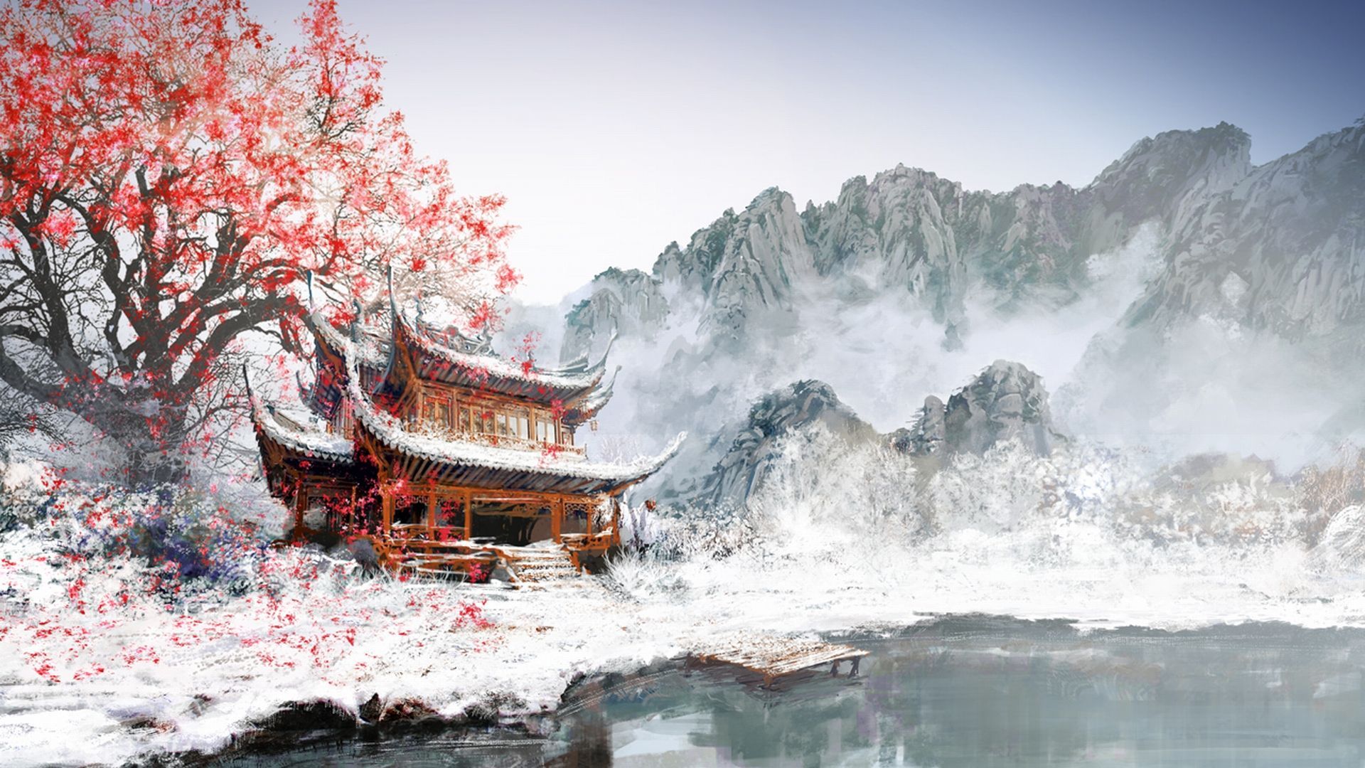 A beautiful scenery of a Chinese temple in the mountains - Chinese