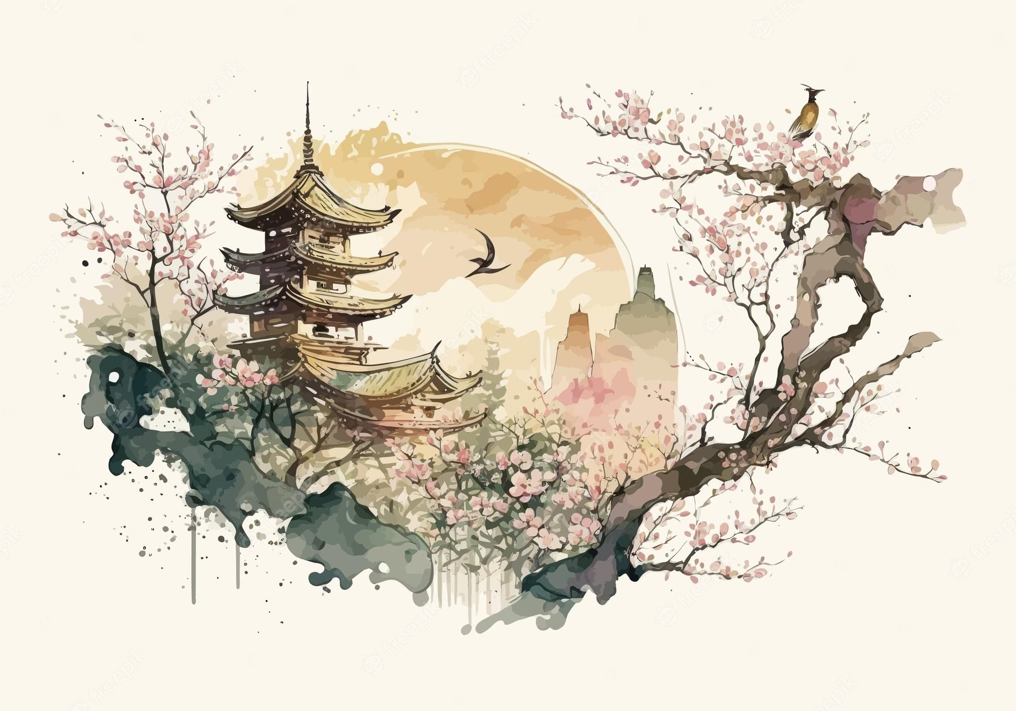 Chinese painting of a pagoda - Chinese