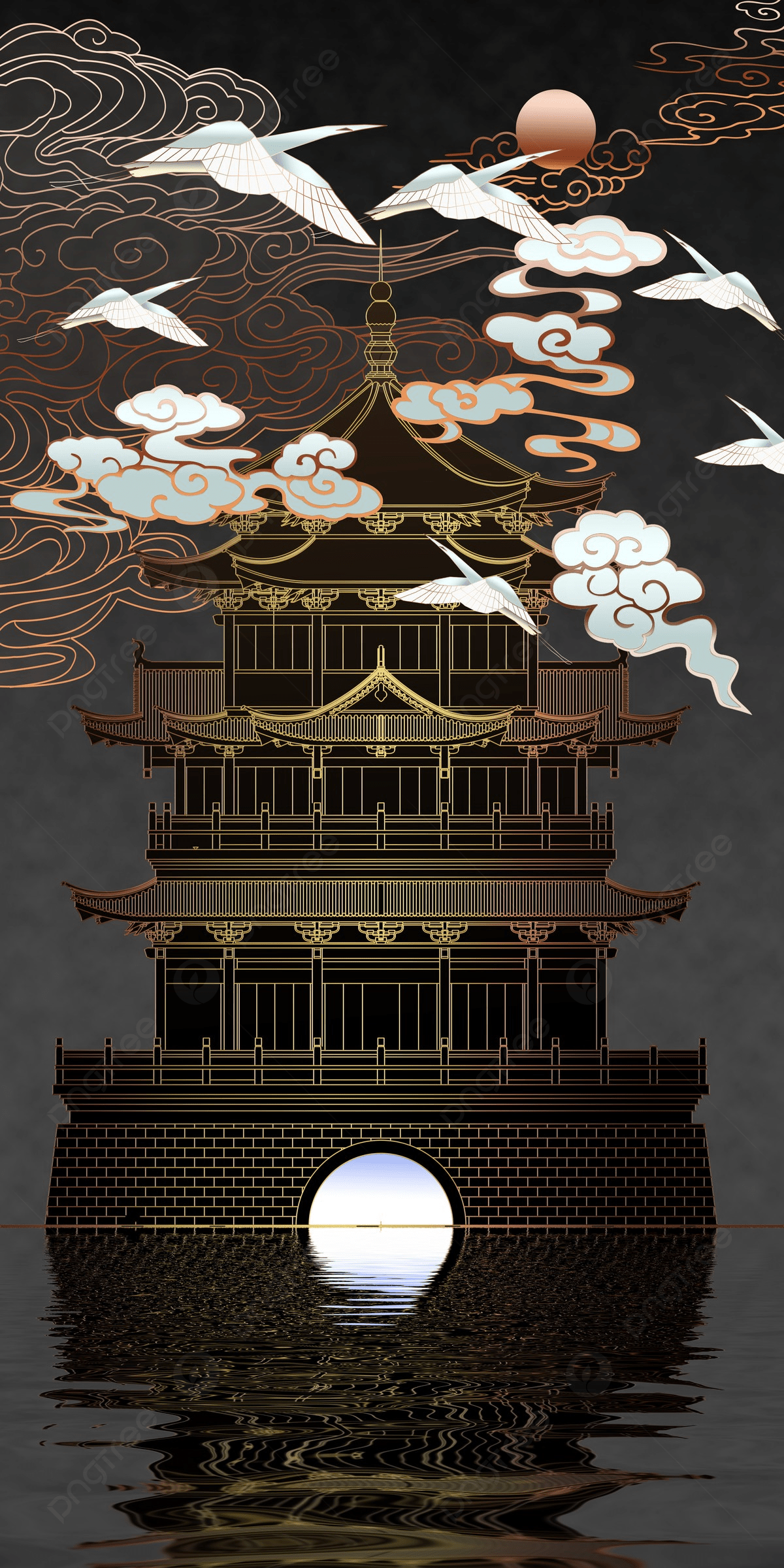 A black and brown Chinese style illustration of a building with white clouds and birds in the background - Chinese