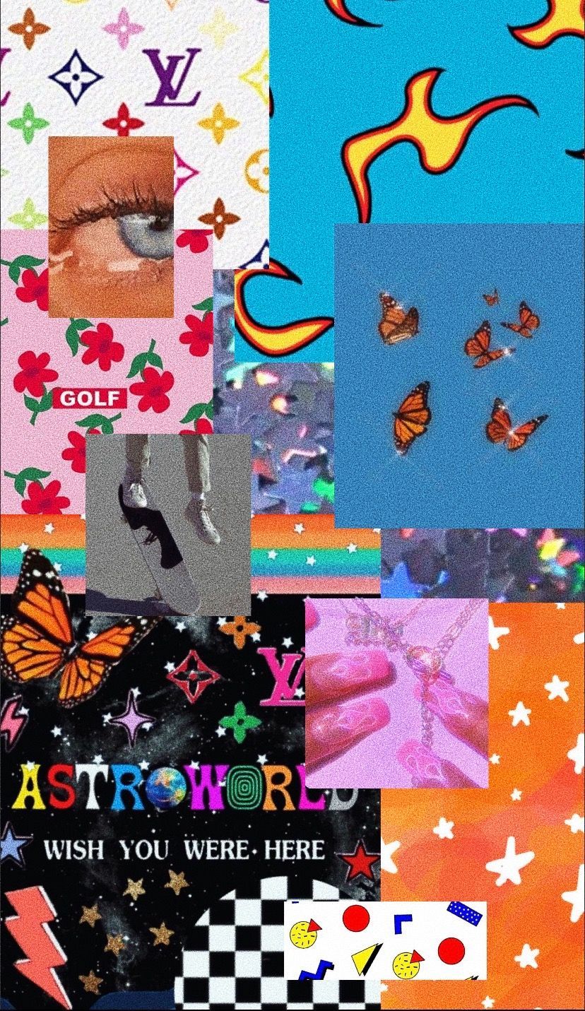 Aesthetic wallpaper with butterfly, LV, Astroworld, and Travis Scott. - Design