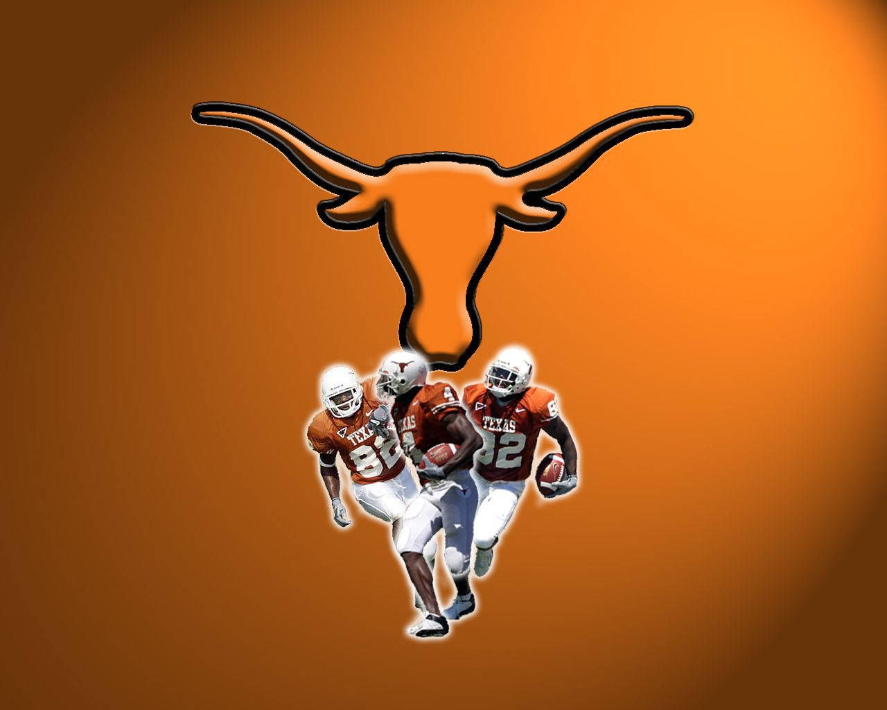 The Texas Longhorns logo with three football players in front of it - Longhorn