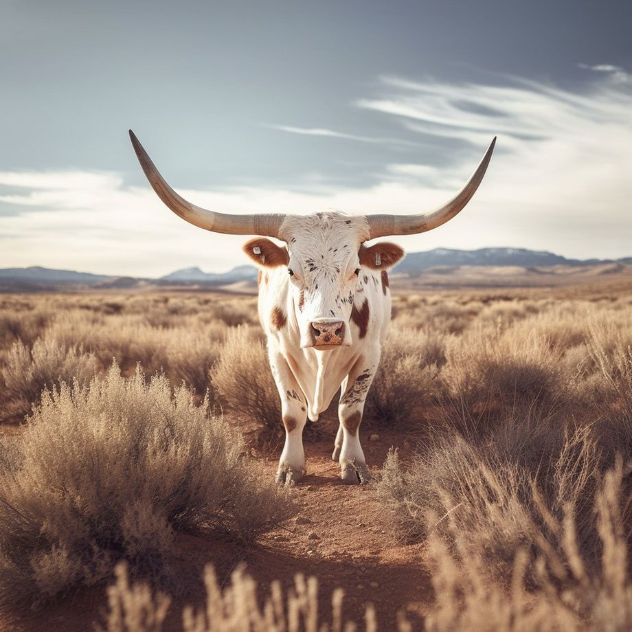A cow with long horns standing in a field - Longhorn