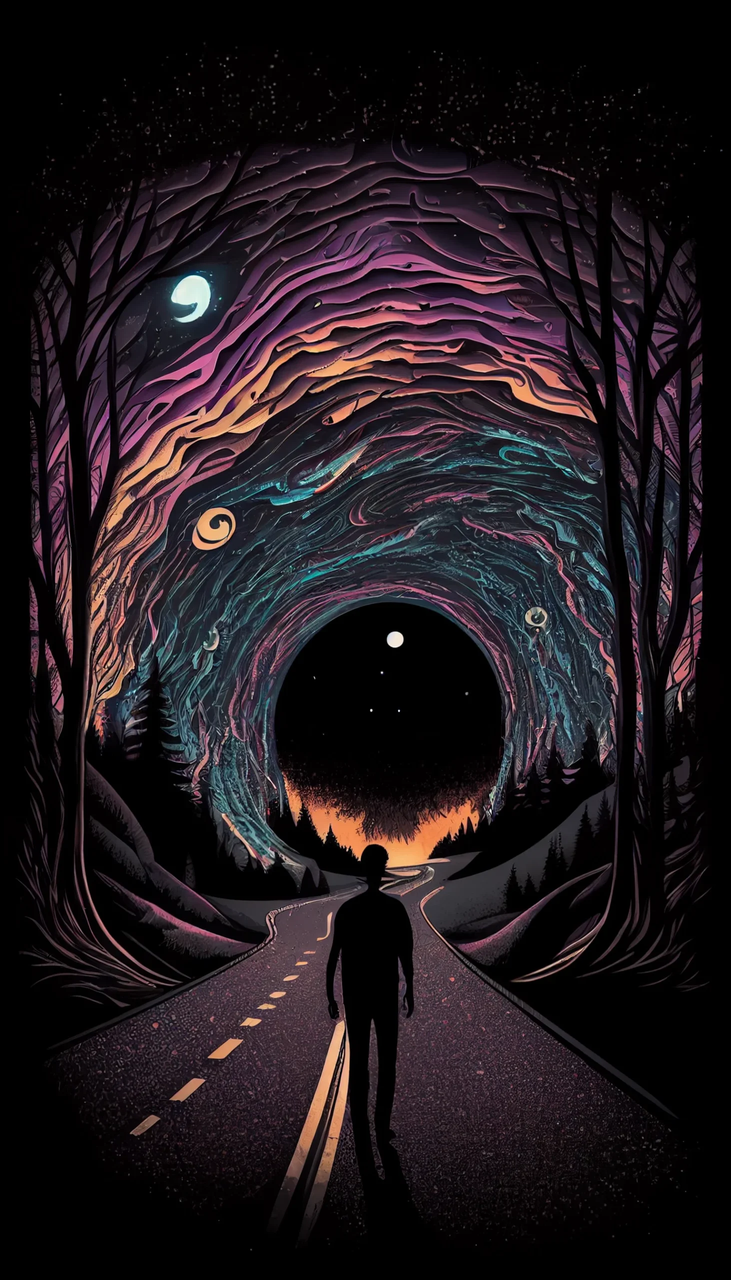 IPhone wallpaper of a man walking down a road at night with a black hole at the end - Psychedelic