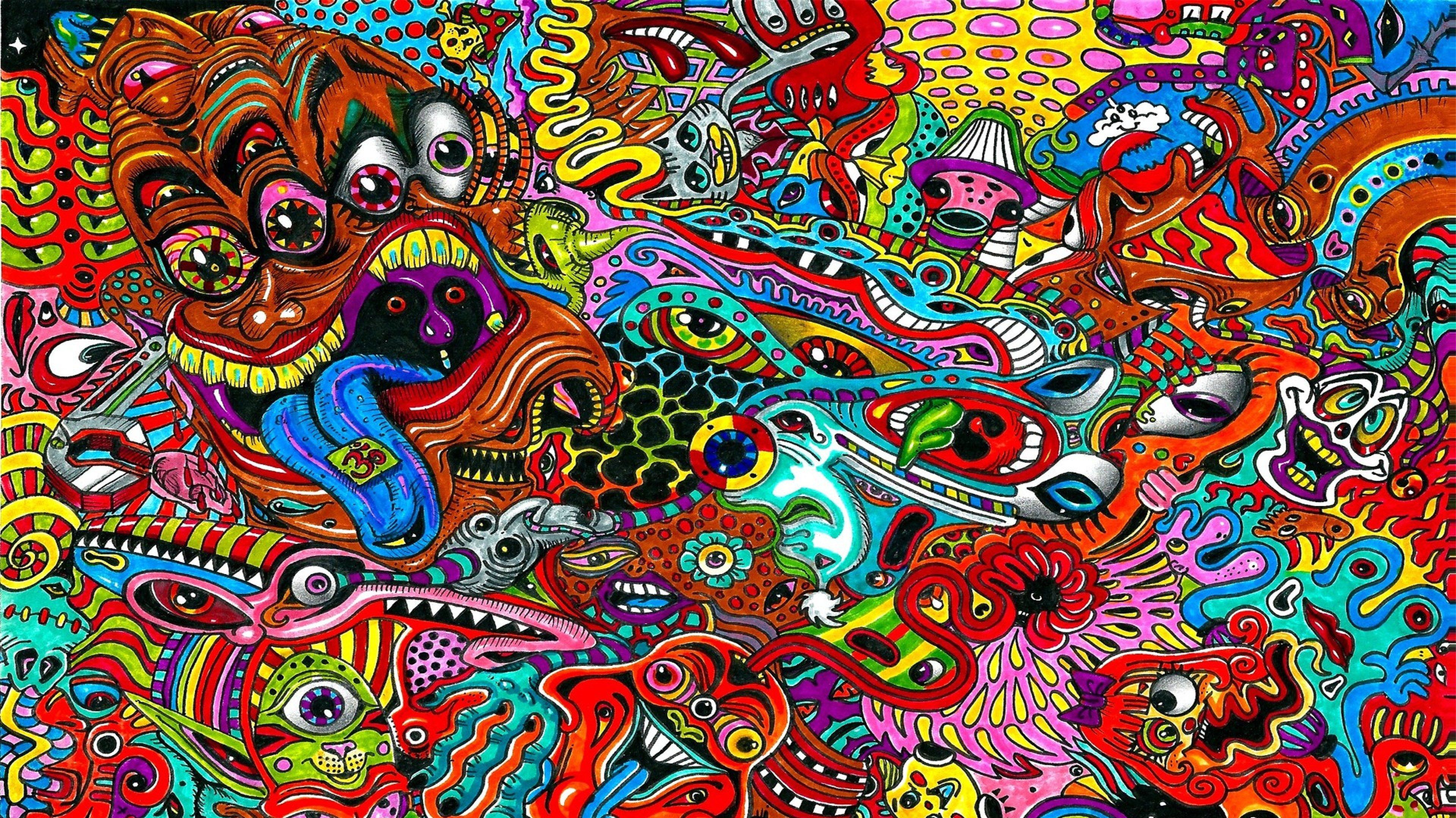 A trippy, colorful, abstract image with many shapes and colors. - Psychedelic