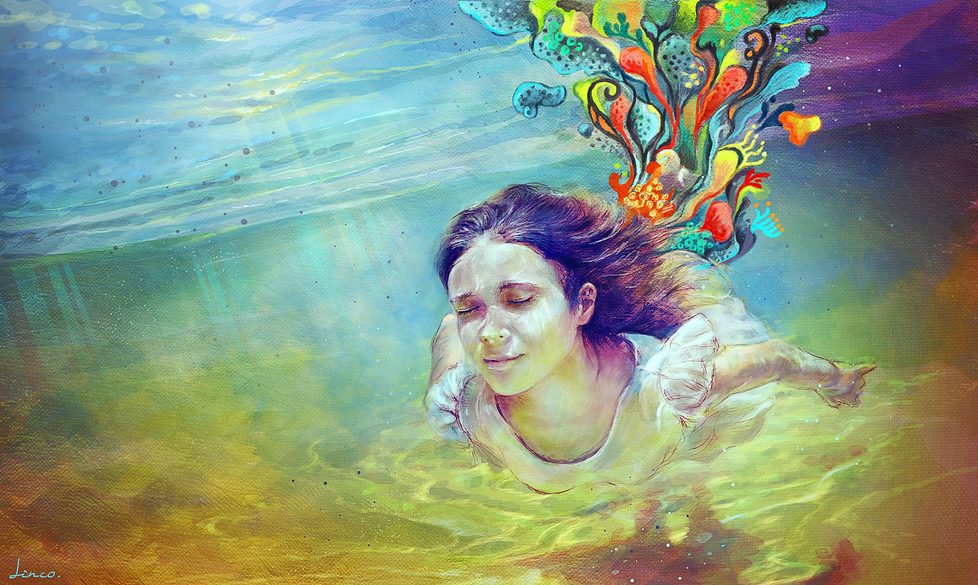 A woman in a white dress is swimming underwater with colorful fish above her - Psychedelic