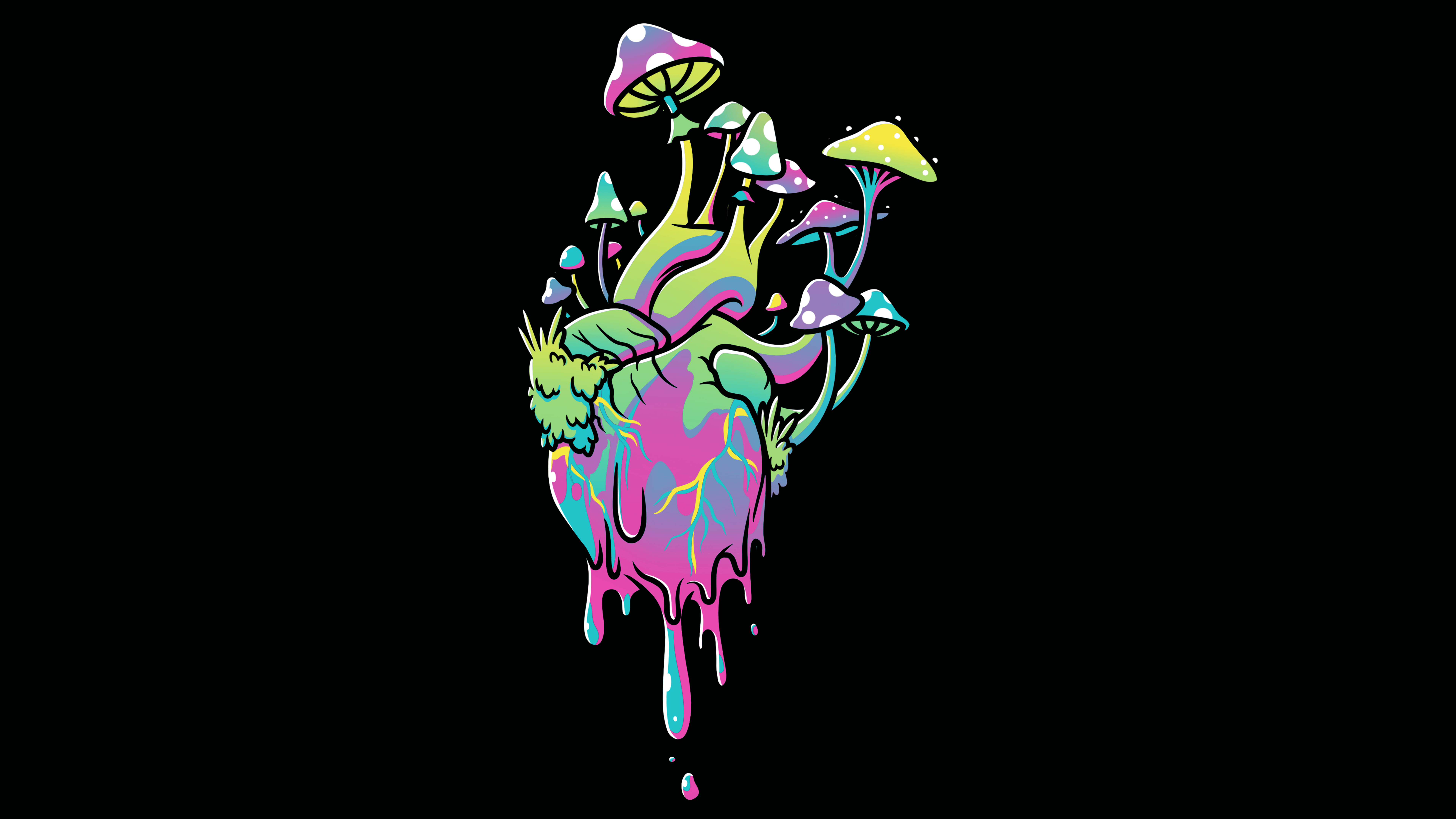 A digital drawing of a dripping heart with mushrooms growing out of it - Psychedelic