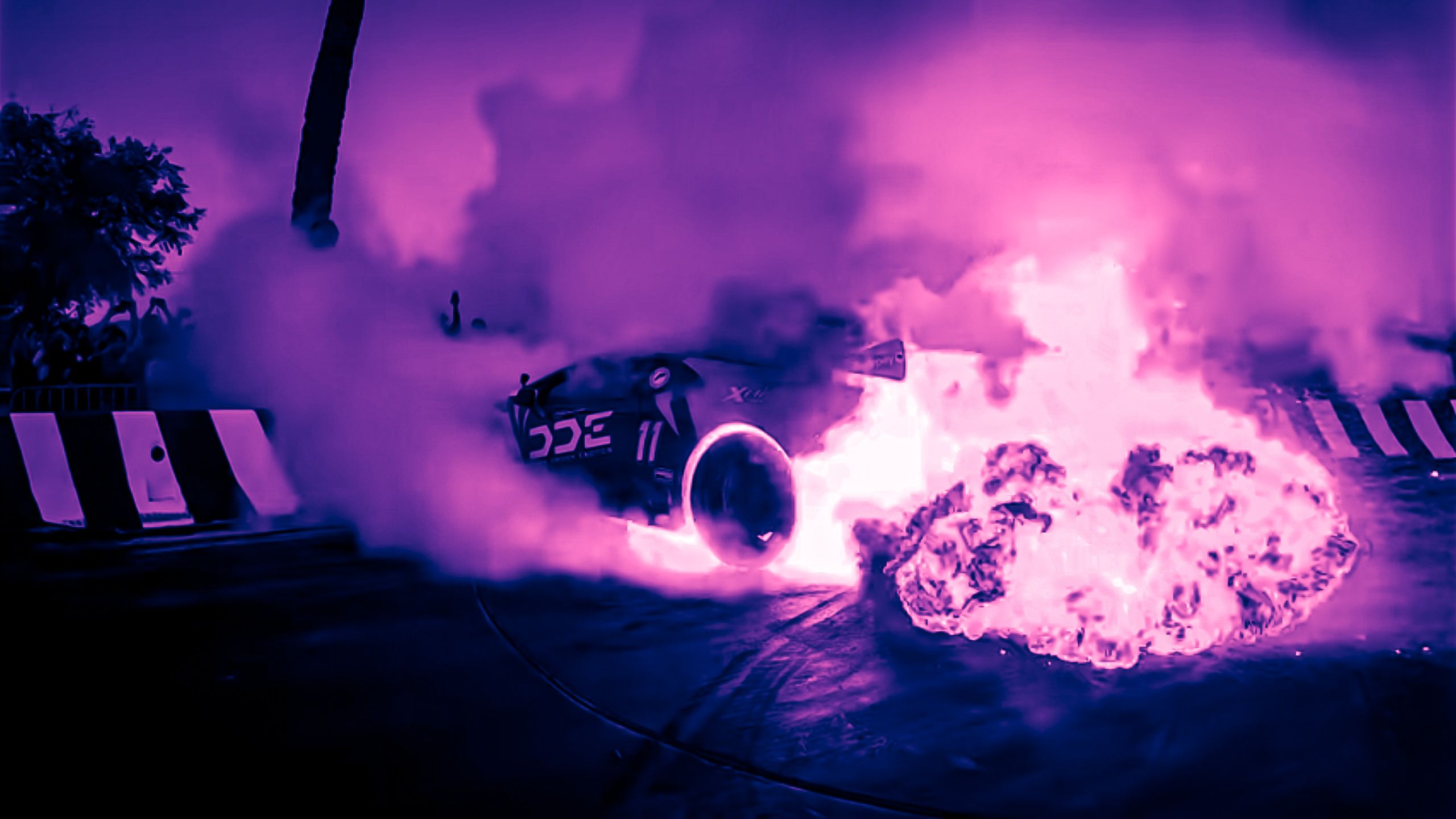 A car is on fire in a purple smoke filled room. - Psychedelic