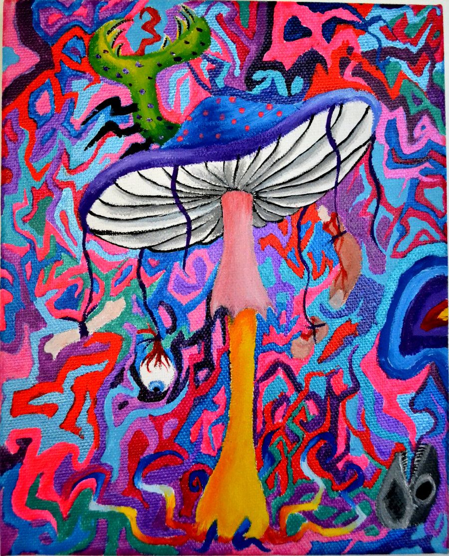 A painting of a mushroom with a purple top and a yellow stem. - Psychedelic