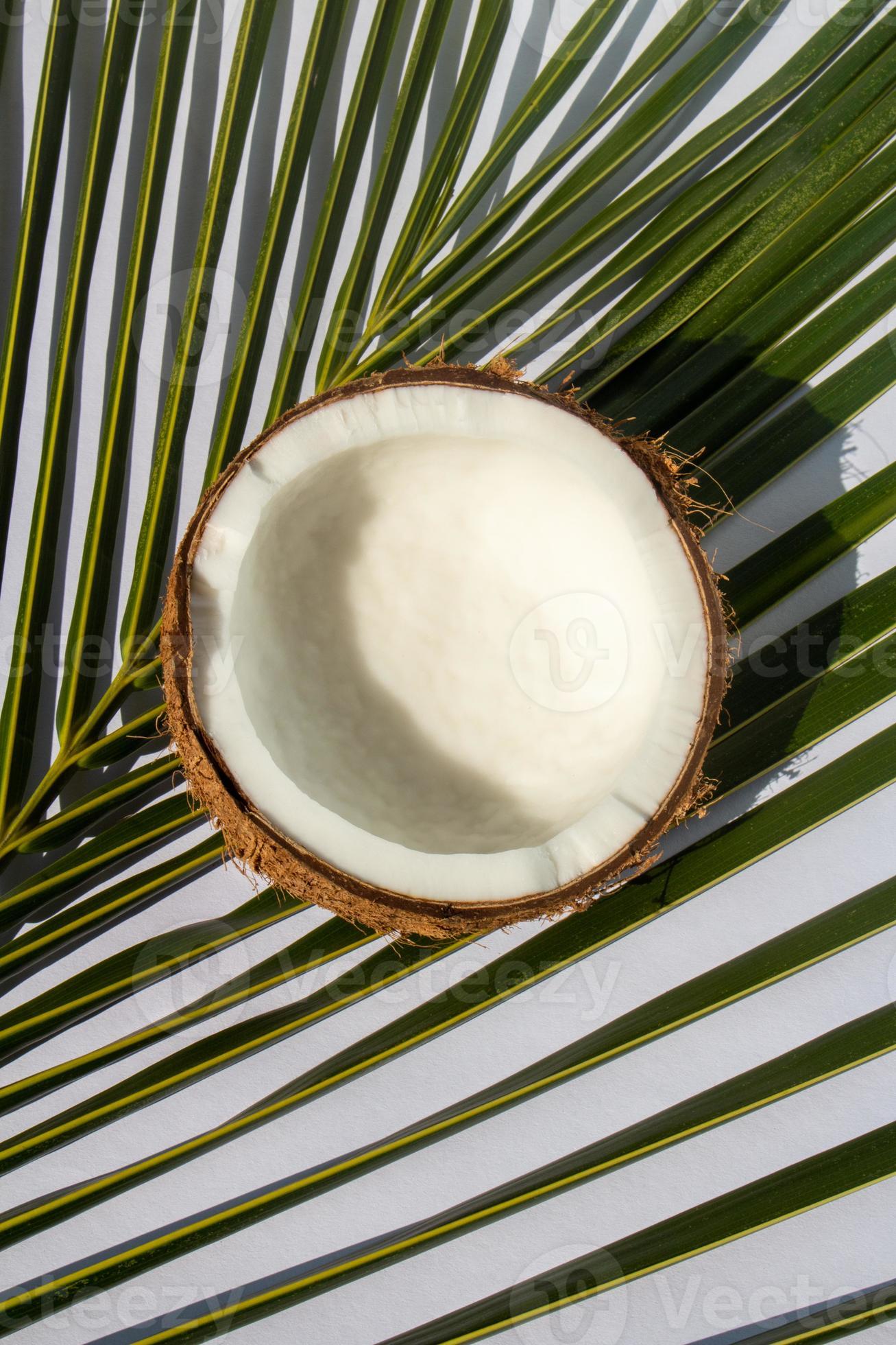 Tropical fruit concept, Halves of fresh white coconut with leaves on white fabric background
