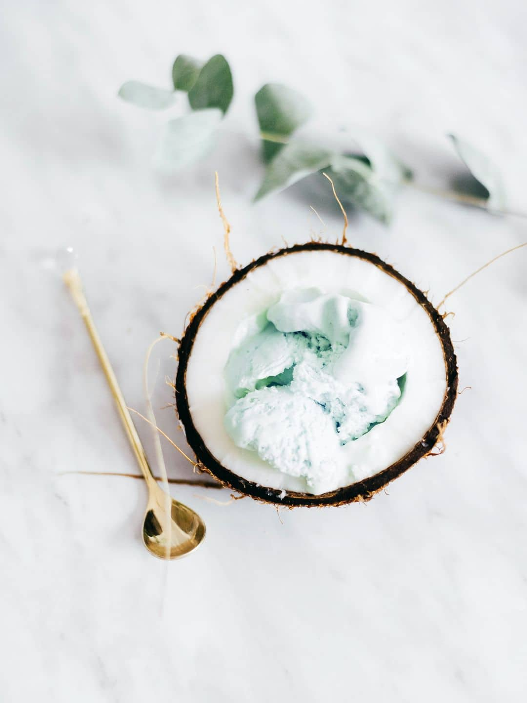 A coconut bowl with green ice cream and a gold spoon - Coconut