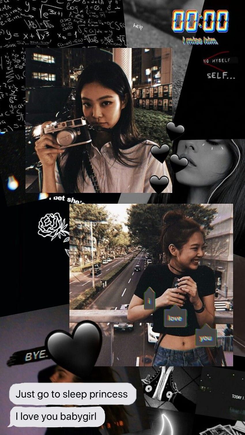 Aesthetic background with a collage of photos of a girl holding a camera, a girl smiling, a girl wearing a shirt that says 