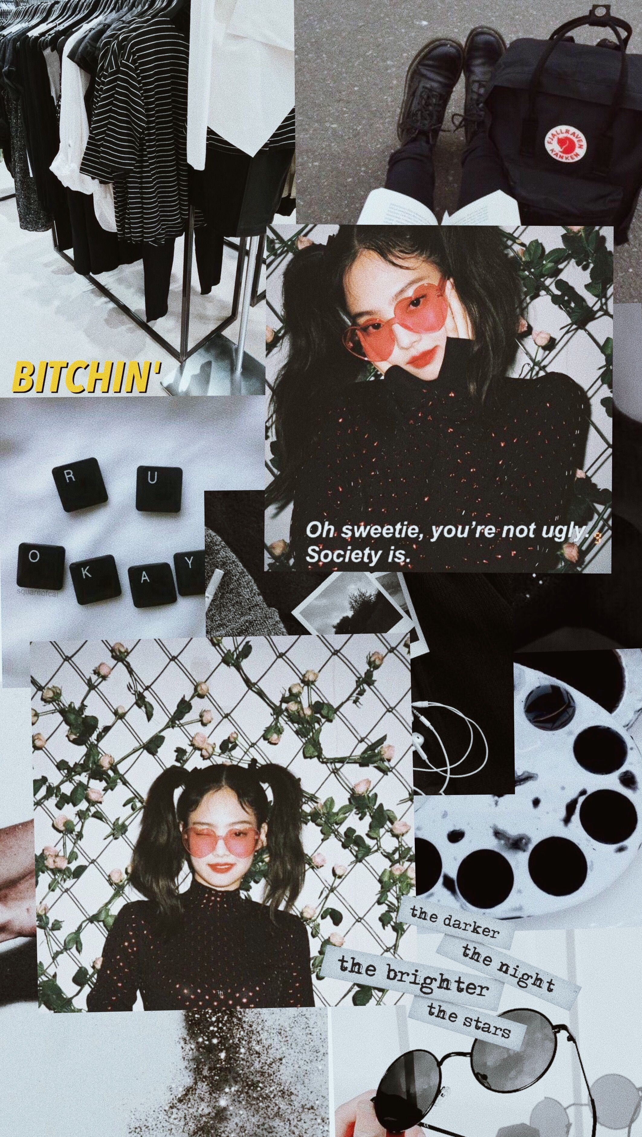 Aesthetic background of a girl with red glasses, a girl with blunt bangs, a keyboard, and a quote - Jennie