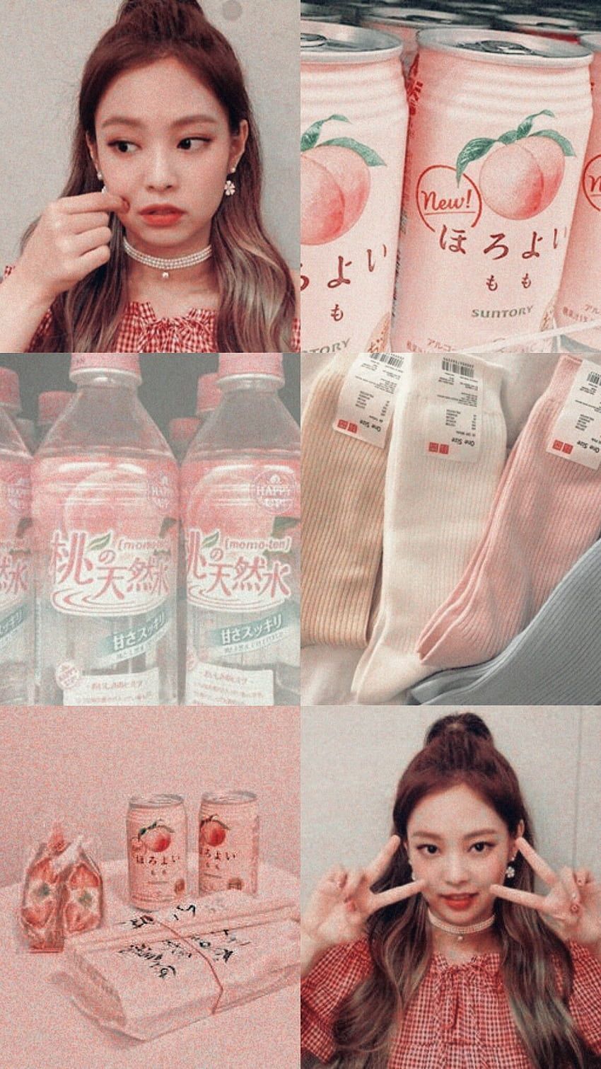 A collage of images featuring a girl with brown hair, pink drinks, socks, and a shirt. - Jennie