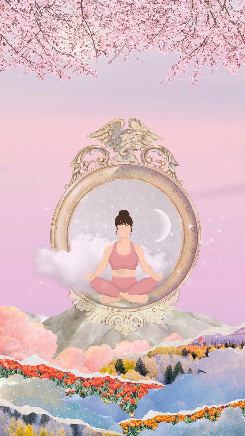 A woman in a pink sports bra sits cross-legged in a mirror, which is situated on a pink and blue mountain landscape. - Calming