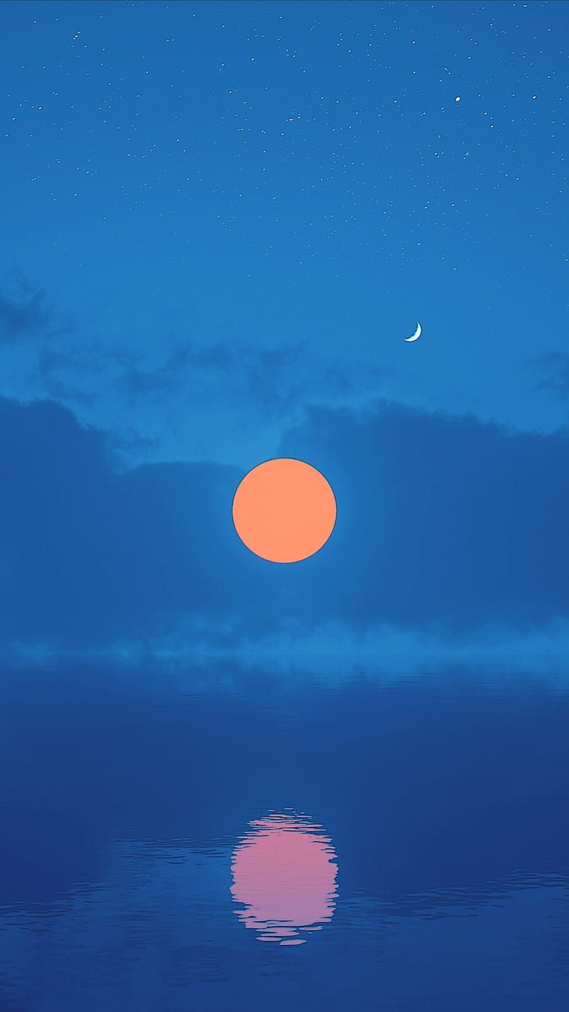 A red sun and a sliver of a moon are reflected in a calm sea - 