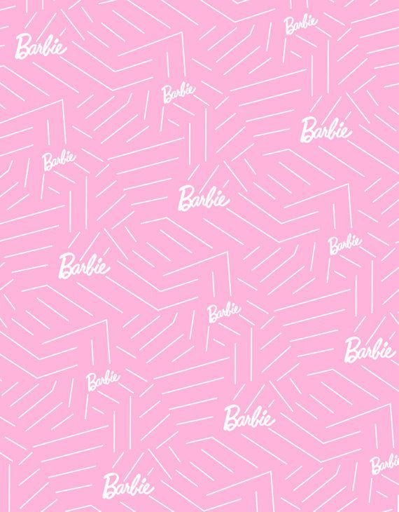 A pink background with white lines and the word Barbie - Barbie