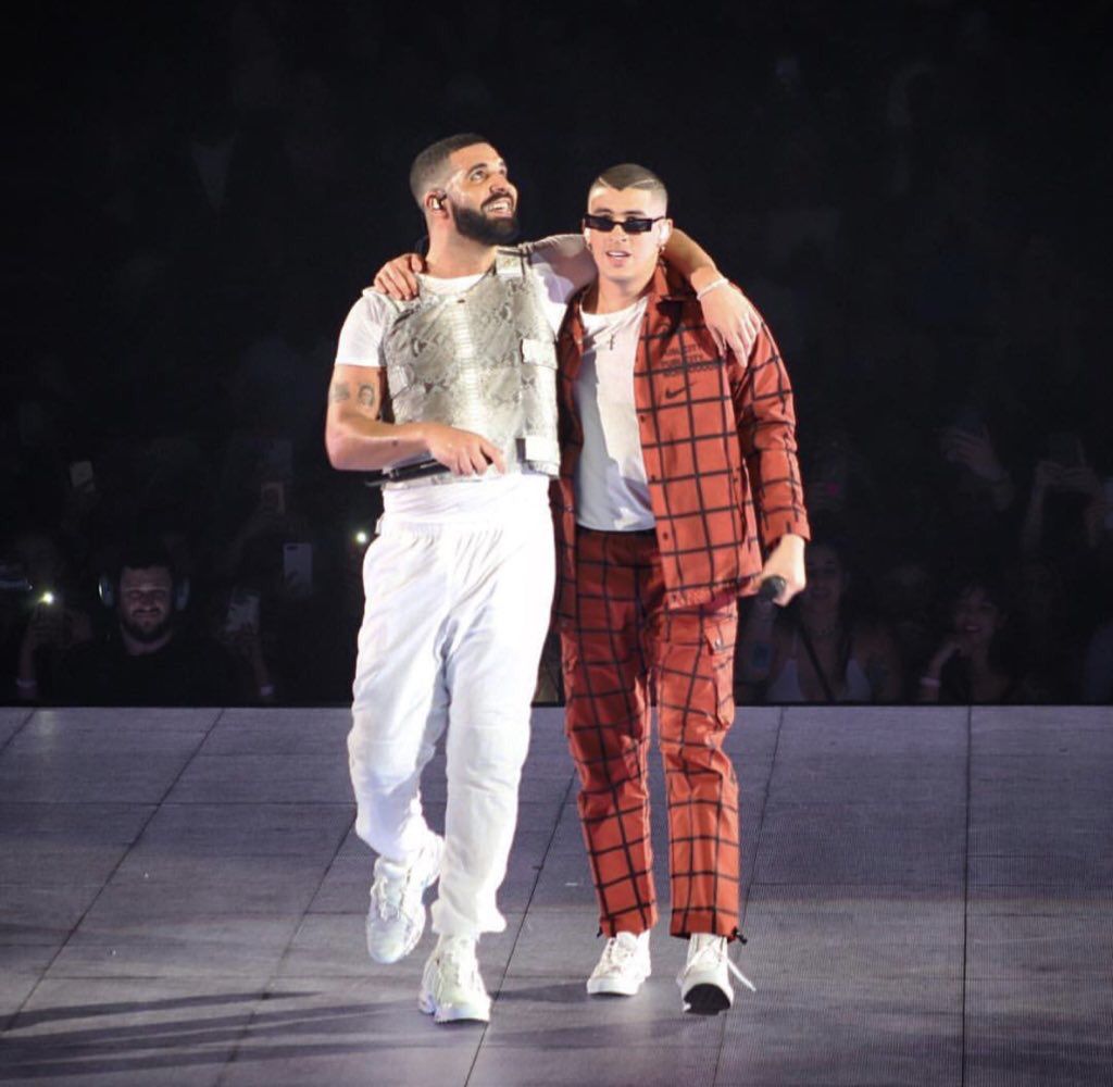 Drake and Sam Smith on stage at the O2 Arena in London. - Bad Bunny