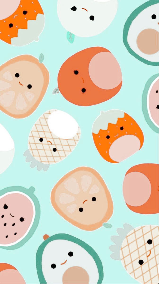 A cute pattern of fruit characters with a mint background - Preppy, cute