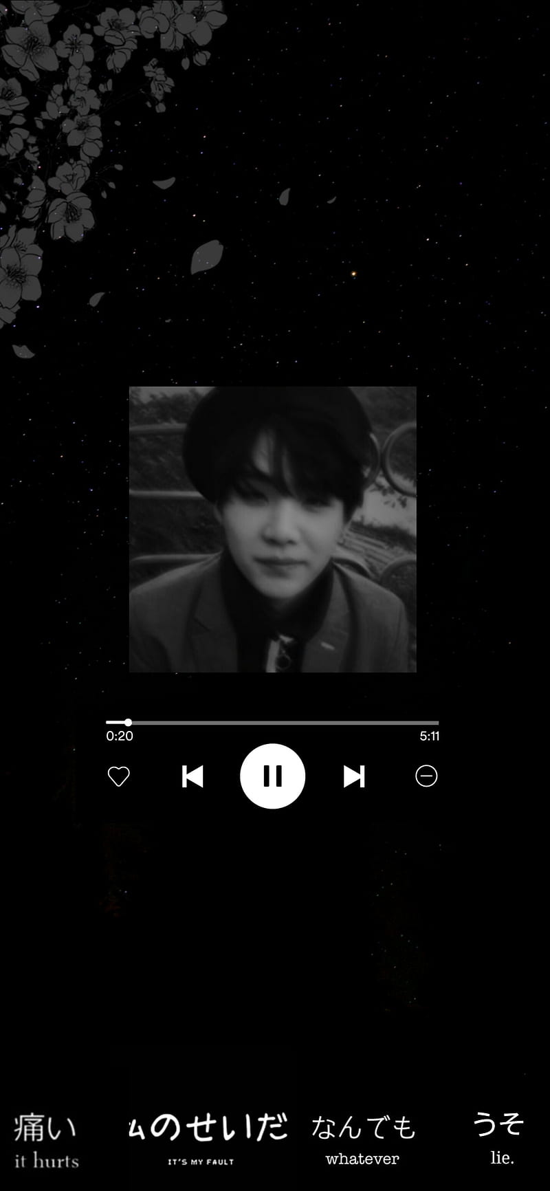A black and white screen with the words 'music player' - Suga