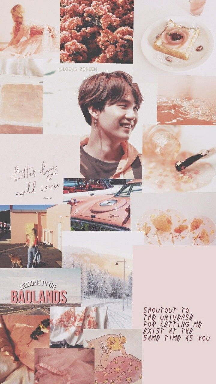 A collage of photos with a pink aesthetic - Suga