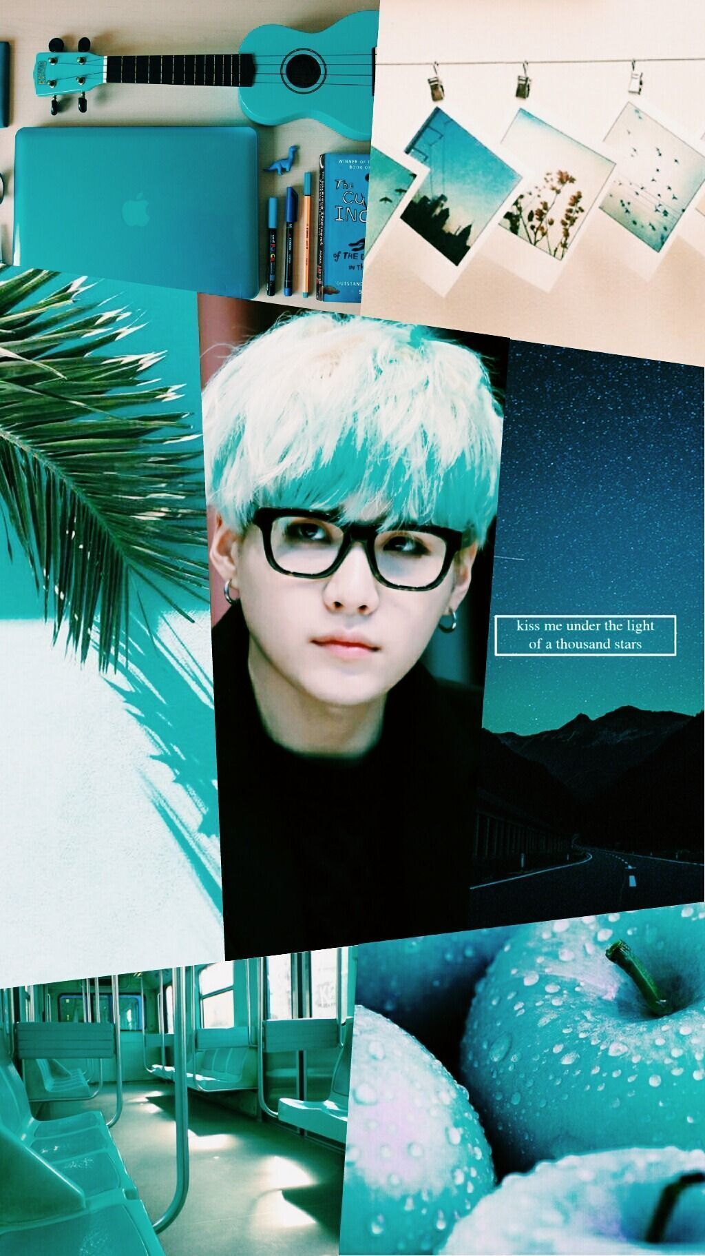 Collage of BTS member Jimin with glasses and blue hair - Suga