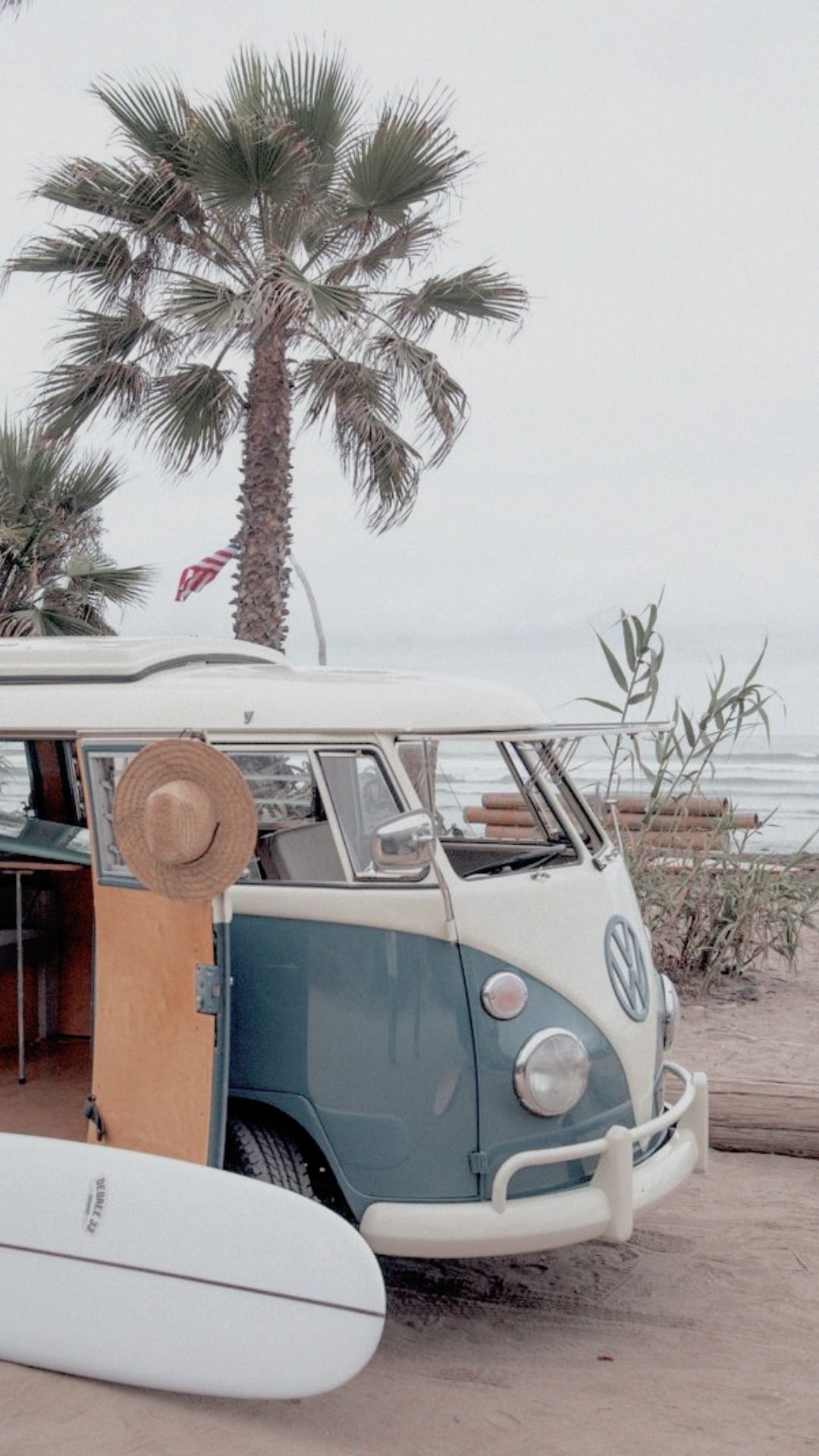 A blue and white VW bus with a surfboard in the back parked next to a palm tree - Beach